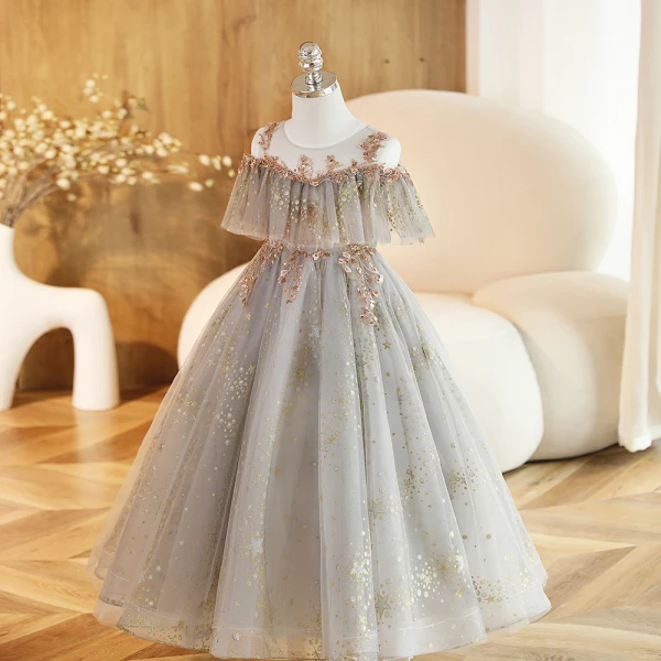 Charming Grey Beading Sequins Birthday Flower Girl Dresses 2023 Ball Gown Off-The-Shoulder Short Sleeve Backless Floor-Length / Long Flower Girl Dresses