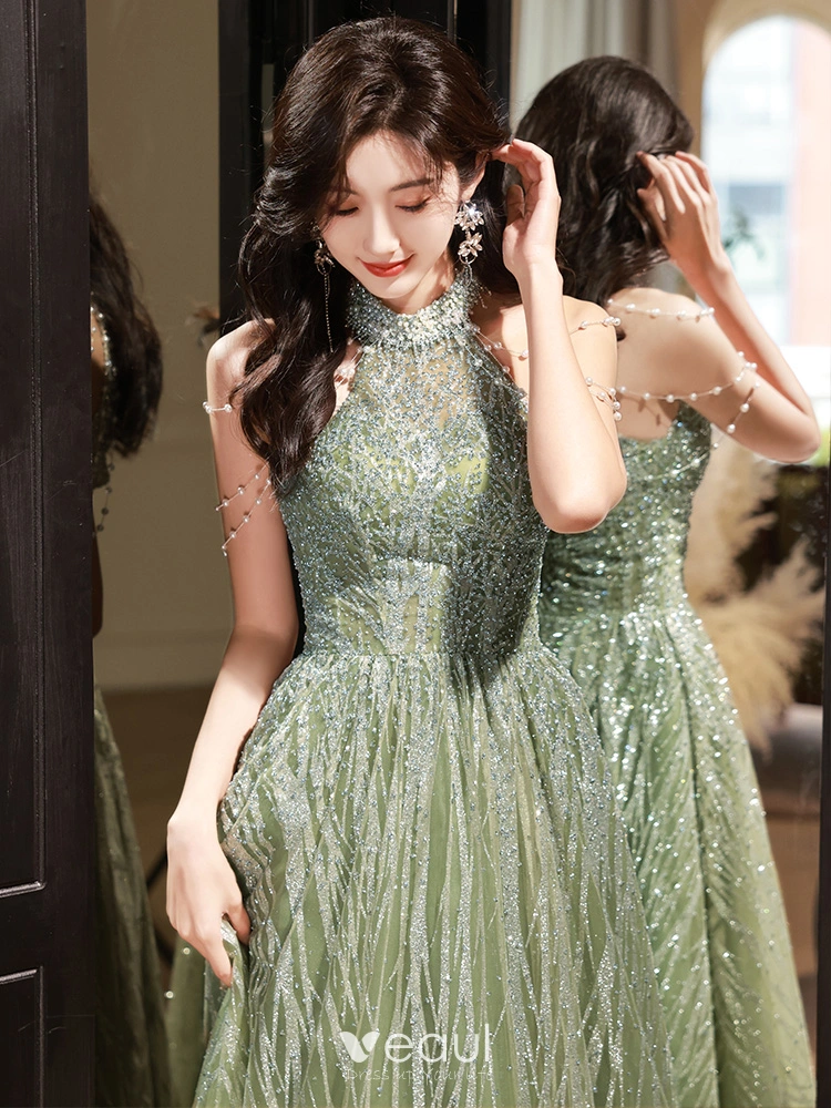green high neck prom dress Mermaid High Neck Cold Shoulder Long Dark Green Velvet Prom Dress with –  cathyprom