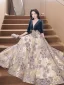 Mode Bleu Marine Impression Robe De Bal 2023 Princesse V-Cou 1/2 Manches Longue Promo Robe De Ceremonie