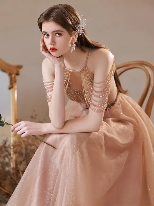 Charming Champagne Beading Tassel Pearl Rhinestone Evening Dresses 2022 A-Line / Princess Halter Sleeveless Backless Floor-Length / Long Evening Party Formal Dresses