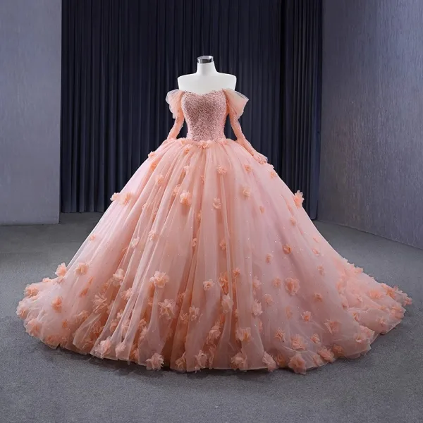 Luxury / Gorgeous Candy Pink Handmade  Beading Pearl Sequins Lace Flower Appliques Cascading Ruffles Prom Dresses 2023 Ball Gown Off-The-Shoulder 3/4 Sleeve Backless