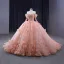 Luxury / Gorgeous Candy Pink Handmade  Beading Pearl Sequins Lace Flower Appliques Cascading Ruffles Prom Dresses 2023 Ball Gown Off-The-Shoulder 3/4 Sleeve Backless