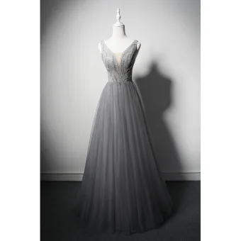 Charming Grey Beading Rhinestone Sequins Prom Dresses 2024 A Line Princess V Neck Sleeveless Backless Floor Length Long Formal Dresses