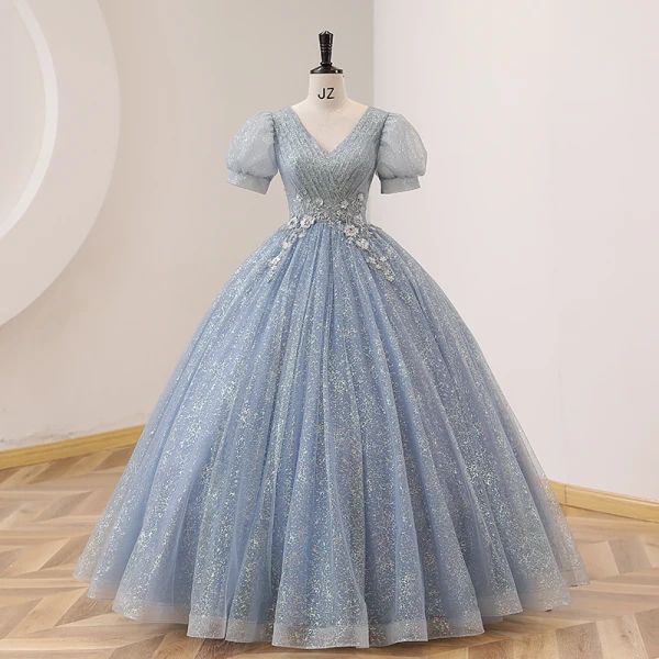 Elegant Sky Blue Lace Pearl Rhinestone Prom Dresses 2022 Ball Gown V-Neck Puffy Short Sleeve Backless Floor-Length / Long Prom Formal Dresses
