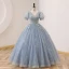 Elegant Sky Blue Lace Pearl Rhinestone Prom Dresses 2022 Ball Gown V-Neck Puffy Short Sleeve Backless Floor-Length / Long Prom Formal Dresses