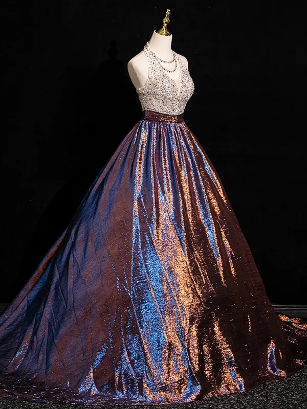 Charming Coffee Glitter Rhinestone Sequins Prom Dresses 2024 Ball Gown Halter Sleeveless Backless Floor-Length / Long Prom Formal Dresses