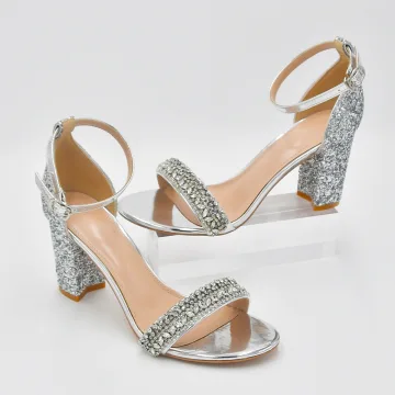 Sexy Scintillantes Argenté Faux Diamant Paillettes Chaussure De Mariée 2023 8 Cm Talons Épais Bride Cheville Peep Toes Bout Ouvert Mariage Sandales Talons Hauts