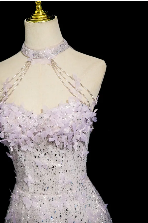 Charming Lavender Beading Appliques Sequins Prom Dresses 2025 A-Line / Princess High Neck Sleeveless Backless Floor-Length / Long Formal Dresses