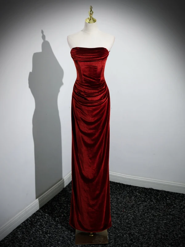 Sexy Burgundy Velvet Evening Dresses 2023 Trumpet / Mermaid Square Neckline Sleeveless Backless Floor-Length / Long Formal Dresses