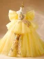 Fashion Yellow Beading Sequins Cascading Ruffles Birthday Flower Girl Dresses 2024 Ball Gown Scoop Neck Short Sleeve Backless Sweep Train