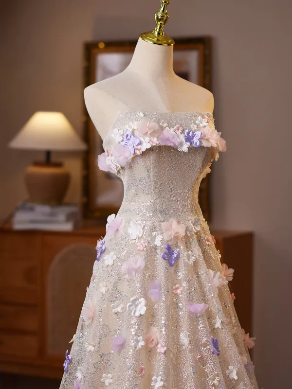 Bling Bling Flower Fairy Champagne Appliques Sequins Prom Dresses 2025 A-Line / Princess Strapless Sleeveless Backless Floor-Length / Long Formal Dresses