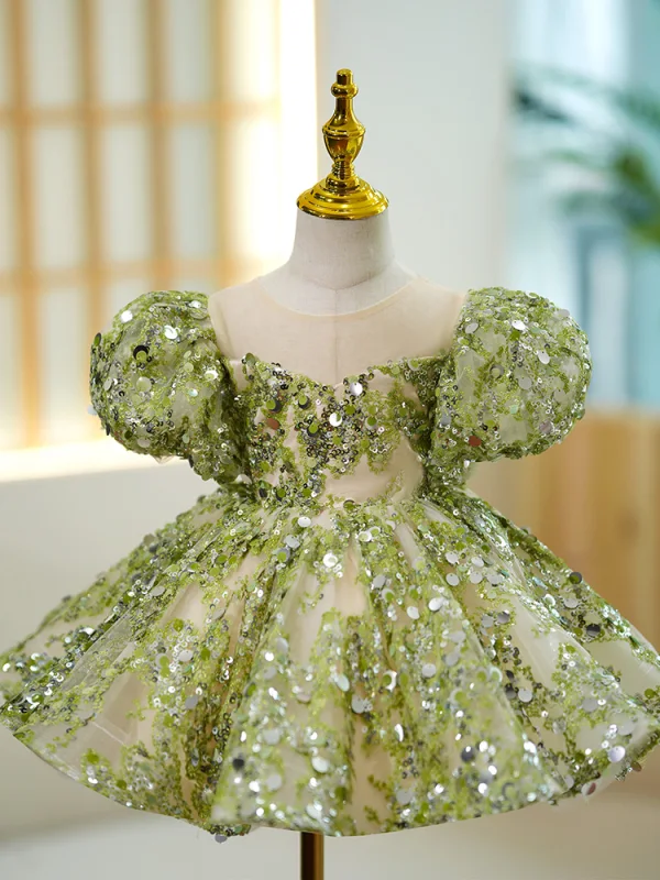 Charming Sage Green Beading Sequins Birthday Short Flower Girl Dresses 2023 Ball Gown Scoop Neck Puffy Short Sleeve