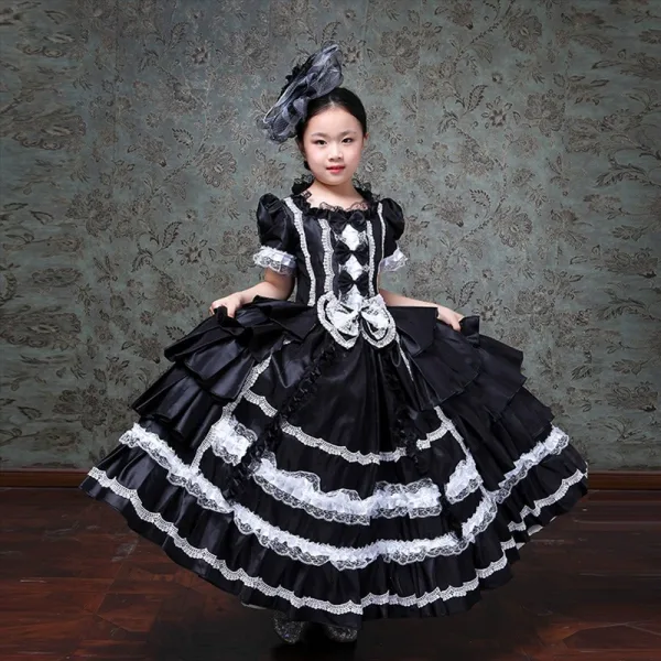 Vintage / Retro Medieval White Flower Girl Dresses 2024 Bow Floor-Length / Long Short Sleeve U-Neck Cosplay Prom Ball Gown Wedding Party Dresses