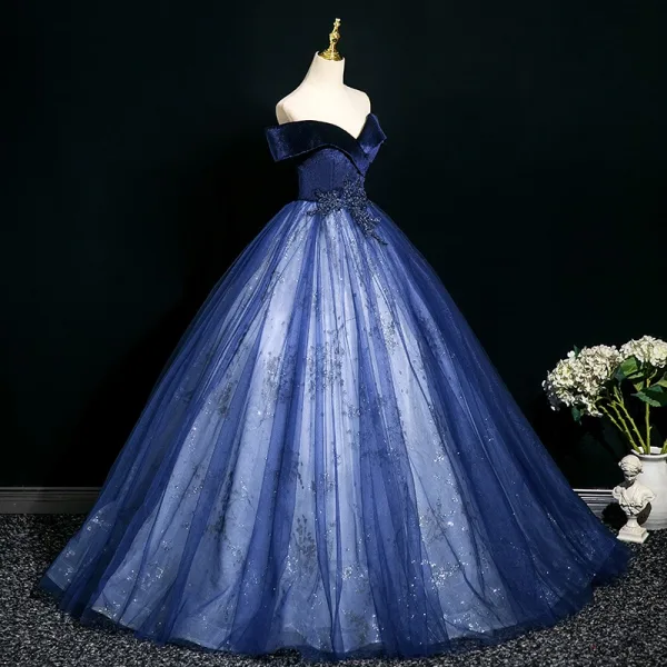 Elegant Ocean Blue Beading Lace Flower Prom Dresses 2025 Ball Gown Off-The-Shoulder Short Sleeve Backless Floor-Length / Long Prom Formal Dresses