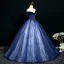 Elegant Ocean Blue Beading Lace Flower Prom Dresses 2025 Ball Gown Off-The-Shoulder Short Sleeve Backless Floor-Length / Long Prom Formal Dresses
