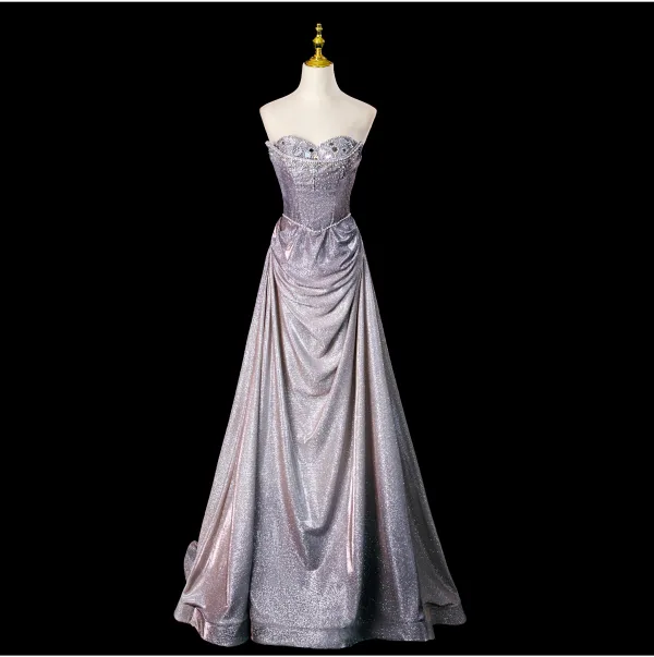 Scintillantes Sexy Violet Perlage Paillettes Robe De Bal 2025 Trompette / Sirène De l'épaule Manches Courtes Dos Nu Noeud Longue Promo Robe De Ceremonie
