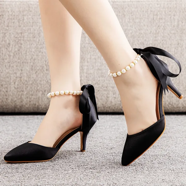 Charmant Dunkelgrün Perle Knöchelriemen Schleife Abend Sandalen Damen 2023 7 cm Stilettos Spitzschuh Sandaletten Hochhackige