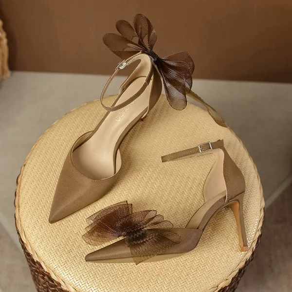 Chic / Beautiful Brown Bow Prom Womens Shoes 2023 Ankle Strap 8 cm Stiletto Heels Pointed Toe Womens Shoes High Heels
