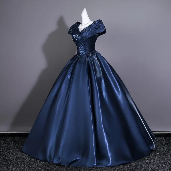 Vintage / Originale Bleu Marine Satin Robe De Bal 2026 Robe Boule V-Cou Manches Courtes Dos Nu Longue
