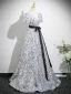 Bling Bling Srebrny Cekiny Sukienki Na Bal 2025 Princessa V-Szyja Kokarda Szarfa Kótkie Rękawy Bez Pleców Długie Sukienki Wizytowe