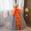 Elegant Orange Beading Prom Dresses 2023 Ball Gown Strapless Sleeveless Backless Bow Floor-Length / Long Prom Formal Dresses