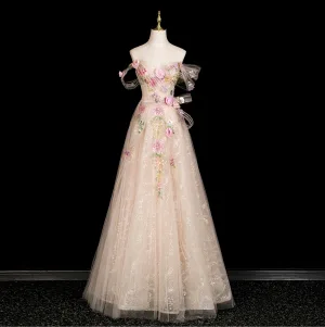 Charmant Champagne Appliques Paillettes En Dentelle Fleur Robe De Bal 2025 Princesse Bustier Sans Manches Dos Nu Longue Promo Robe De Ceremonie