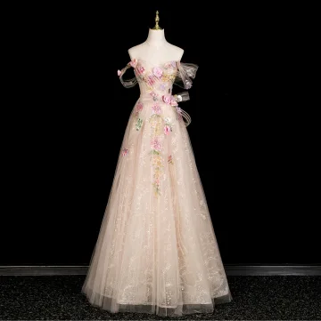 Charming Champagne Appliques Sequins Lace Flower Prom Dresses 2025 A Line Princess Strapless Sleeveless Backless Floor Length Long Prom Formal Dresses