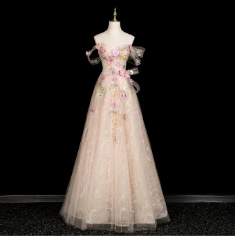 Charming Champagne Appliques Sequins Lace Flower Prom Dresses 2025 A Line Princess Strapless Sleeveless Backless Floor Length Long Prom Formal Dresses