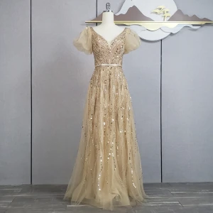 Charmant Champagne Perlage Paillettes Robe De Bal 2024 Princesse V Cou Manches Courtes Dos Nu Noeud Ceinture Longue Promo Robe De Ceremonie