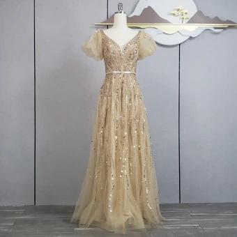 Charming Champagne Beading Sequins Prom Dresses 2024 A Line Princess V Neck Short Sleeve Backless Bow Sash Floor Length Long Prom Formal Dresses