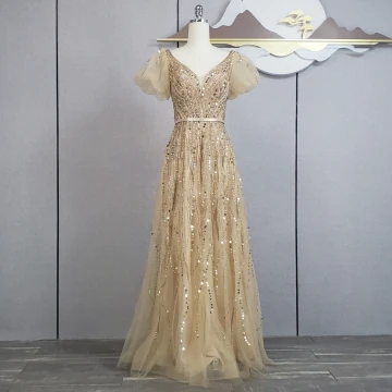 Encantador Champán Rebordear Lentejuelas Vestidos De Gala 2024 A Line Princess V Cuello Manga Corta Sin Espalda Bowknot Cinturón Largos Gala Vestidos Formales