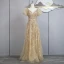 Charming Champagne Beading Sequins Prom Dresses 2024 A-Line / Princess V-Neck Short Sleeve Backless Bow Sash Floor-Length / Long Prom Formal Dresses