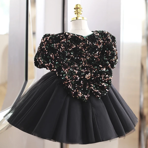 Sparkly Black Multi-Colors Sequins Birthday Flower Girl Dresses 2022 Ball Gown Scoop Neck Short Sleeve Bow Short Flower Girl Dresses