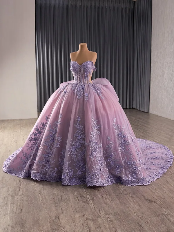 High-end Lilla Håndlavet Med Blonder Blomsten Perle Rhinestone Gallakjoler 2025 Balkjole Stropløs Ærmeløs Halterneck Sløjfe Cathedral Train
