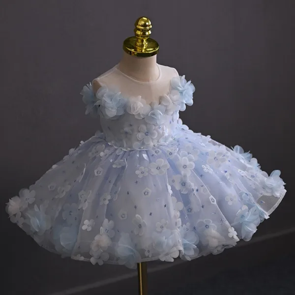 Chic / Beautiful Sky Blue Pearl Appliques Short Birthday Flower Girl Dresses 2025 Ball Gown Scoop Neck Sleeveless Backless
