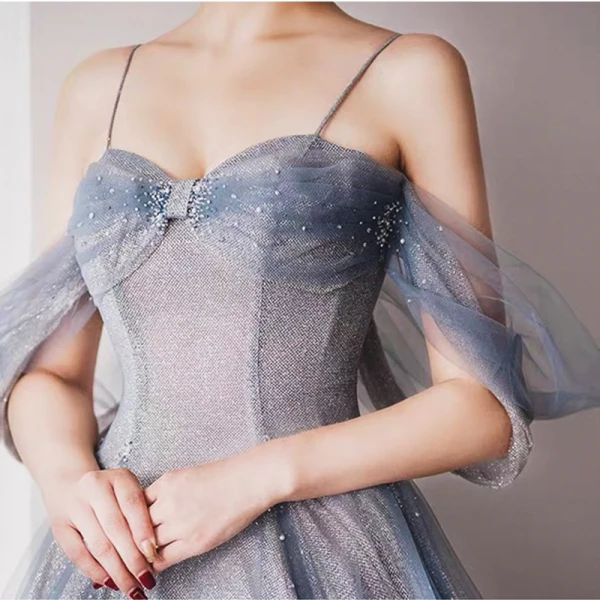 Charmant Bleu Ciel Perlage Paillettes Robe De Bal 2023 Princesse Bretelles Spaghetti Sans Manches Dos Nu Longue Promo Robe De Ceremonie
