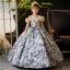 Elegant Sky Blue Printing Birthday Flower Girl Dresses 2024 Ball Gown Scoop Neck Ruffle Short Sleeve Backless Floor-Length / Long