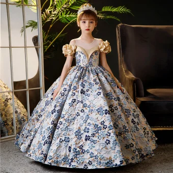 Elegant Sky Blue Printing Birthday Flower Girl Dresses 2024 Ball Gown Scoop Neck Ruffle Short Sleeve Floor Length Long