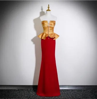 Style Chinois Bordeaux Perle Faux Diamant Robe De Soirée 2025 Trompette Sirène Bustier Sans Manches Dos Nu Longue Robe De Ceremonie