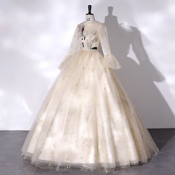 Élégant Champagne Paillettes En Dentelle Fleur Robe De Bal 2022 Robe Boule Col Haut Manches de cloche Longue Robe De Ceremonie