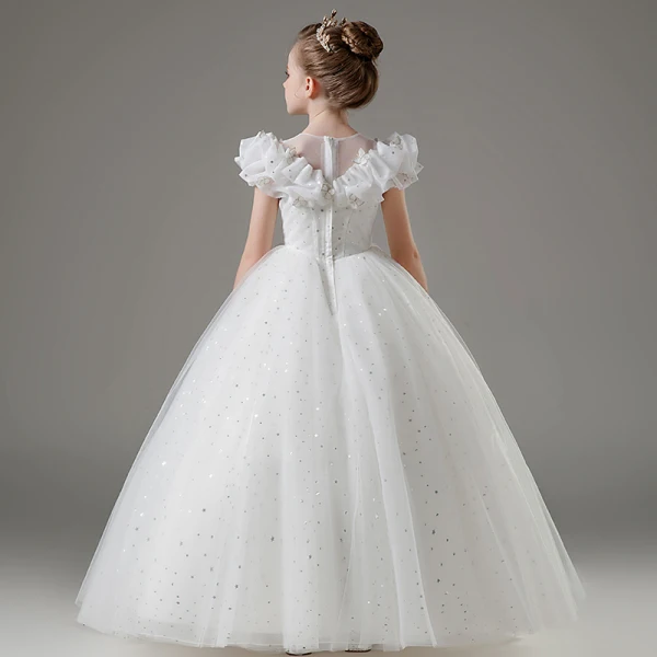 Fashion White Star Sequins Lace Butterfly Wedding Flower Girl Dresses 2023 Ball Gown Scoop Neck Short Sleeve Floor-Length / Long