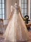 Chic / Beautiful Champagne Rhinestone Prom Dresses 2025 Ball Gown Off-The-Shoulder Short Sleeve Backless Floor-Length / Long Prom Formal Dresses