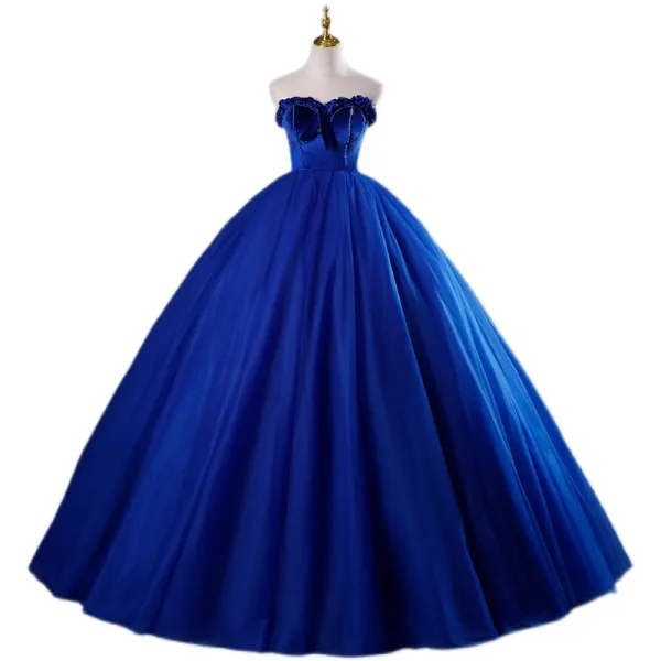 Vintage / Retro Royal Blue Beading Prom Dresses 2023 Ball Gown Strapless Sleeveless Backless Floor-Length / Long Prom Formal Dresses