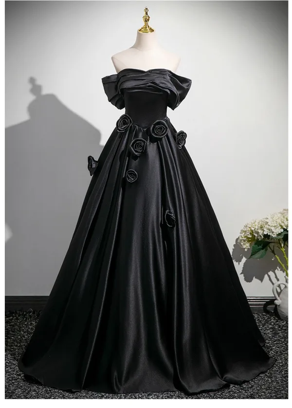 Elegant Black Appliques Satin Prom Dresses 2025 Ball Gown Off-The-Shoulder Short Sleeve Backless Floor-Length / Long Prom Formal Dresses