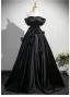 Elegant Black Appliques Satin Prom Dresses 2025 Ball Gown Off-The-Shoulder Short Sleeve Backless Floor-Length / Long Prom Formal Dresses