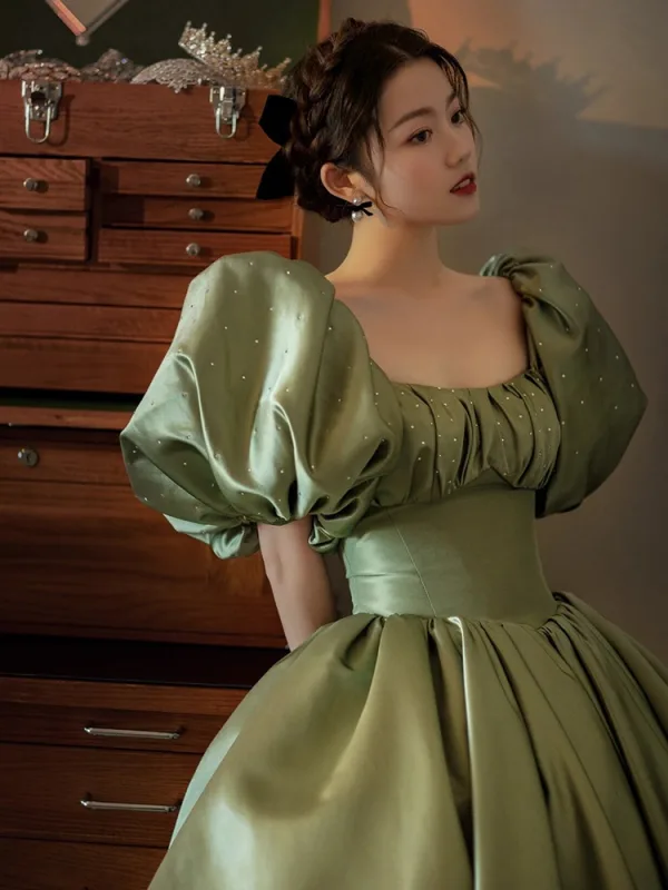 sleeves sage green dress Sage Green Puff Sleeve Midi Dress – Reistor main image 1