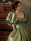 Elegant Sage Green Satin Prom Dresses 2025 Ball Gown Square Neckline Puffy Short Sleeve Backless Floor-Length / Long Prom Formal Dresses