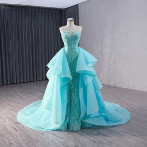 High End Pool Blue Handmade Beading Sequins Evening Dresses 2024 Trumpet Mermaid Strapless Sleeveless Backless Court Train Evening Party Formal Dresses