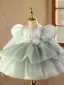 Chic / Belle Vert Cendré Perlage Appliques Paillettes Courte Volants en Cascade Anniversaire Hiver Robe Ceremonie Fille 2025 Robe Boule Encolure Dégagée Gonflée Manches Longues