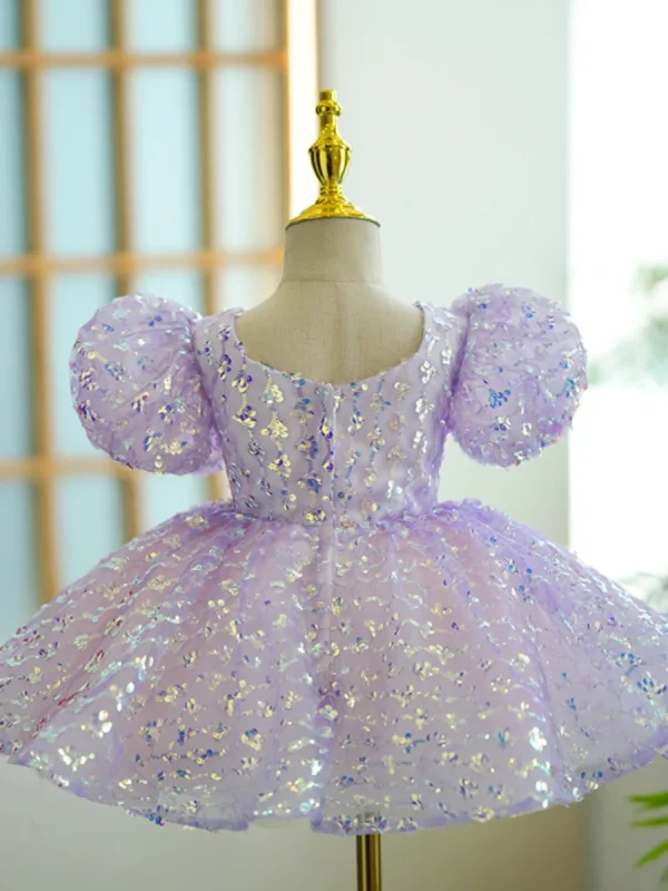 Bling Bling Lavender Sequins Short Birthday Flower Girl Dresses 2023 Ball Gown V-Neck Puffy Short Sleeve Backless